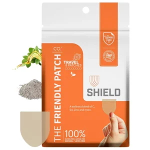 The Friendly Patch Shield contains Vitamin D3, C, Zinc, and Oregano Oil for immune support and overall health, applied easily to the skin for 8-12 hours of continuous, plant-powered benefits.