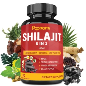 Bottle of Shilajit Ashwagandha Ginseng supplement capsules for immune support, energy, and cognitive function, a 3-month supply of potent herbal blend.