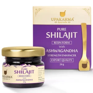Upakarma Shilajit resin with Ashwagandha promotes strength, builds muscle mass, boosts immunity, reduces stress and anxiety, and enhances overall vitality.