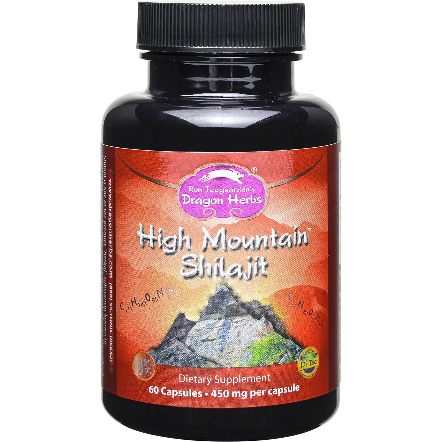 This image displays a bottle of Dragon Herbs High Mountain Shilajit capsules, a dietary supplement sourced from a Di Tao certified authentic location.