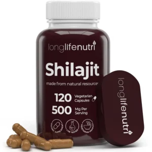 This image shows Shilajit capsules, each containing 500mg of pure, organically sourced fulvic acid, a dietary supplement free of gluten, egg, and dairy.