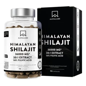 A bottle of AAVALABS Pure Himalayan Shilajit capsules, providing a high dose of 36000mg extract with 50% fulvic acid for energy and immune support.