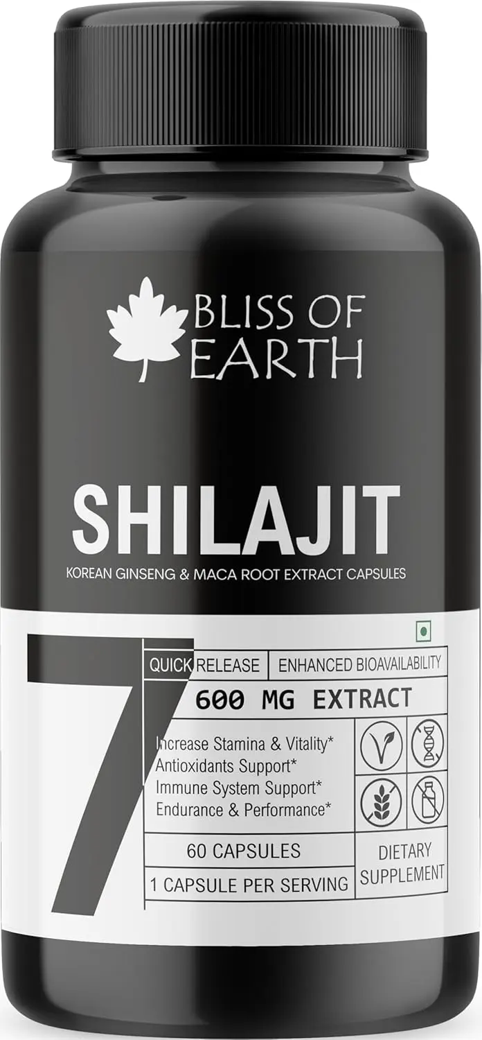 Bliss of Earth shilajit capsules contain purified herbal resin in a convenient capsule form for easy daily use without artificial additives.