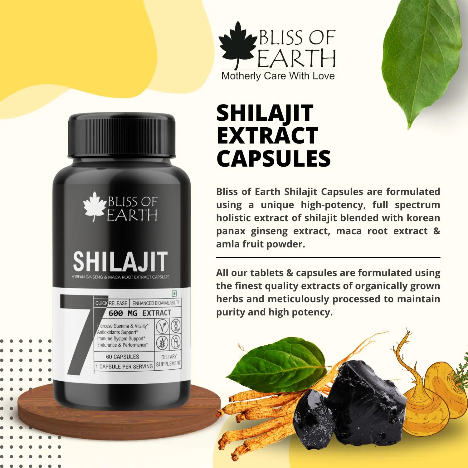 Bliss of Earth shilajit capsules contain purified herbal resin in a convenient capsule form for easy daily use without artificial additives.