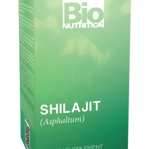 Bottle of Bio Nutrition Shilajit capsules, a two-month supply of Himalayan-sourced supplement to support daily wellness, suitable for vegetarians and free from common allergens.