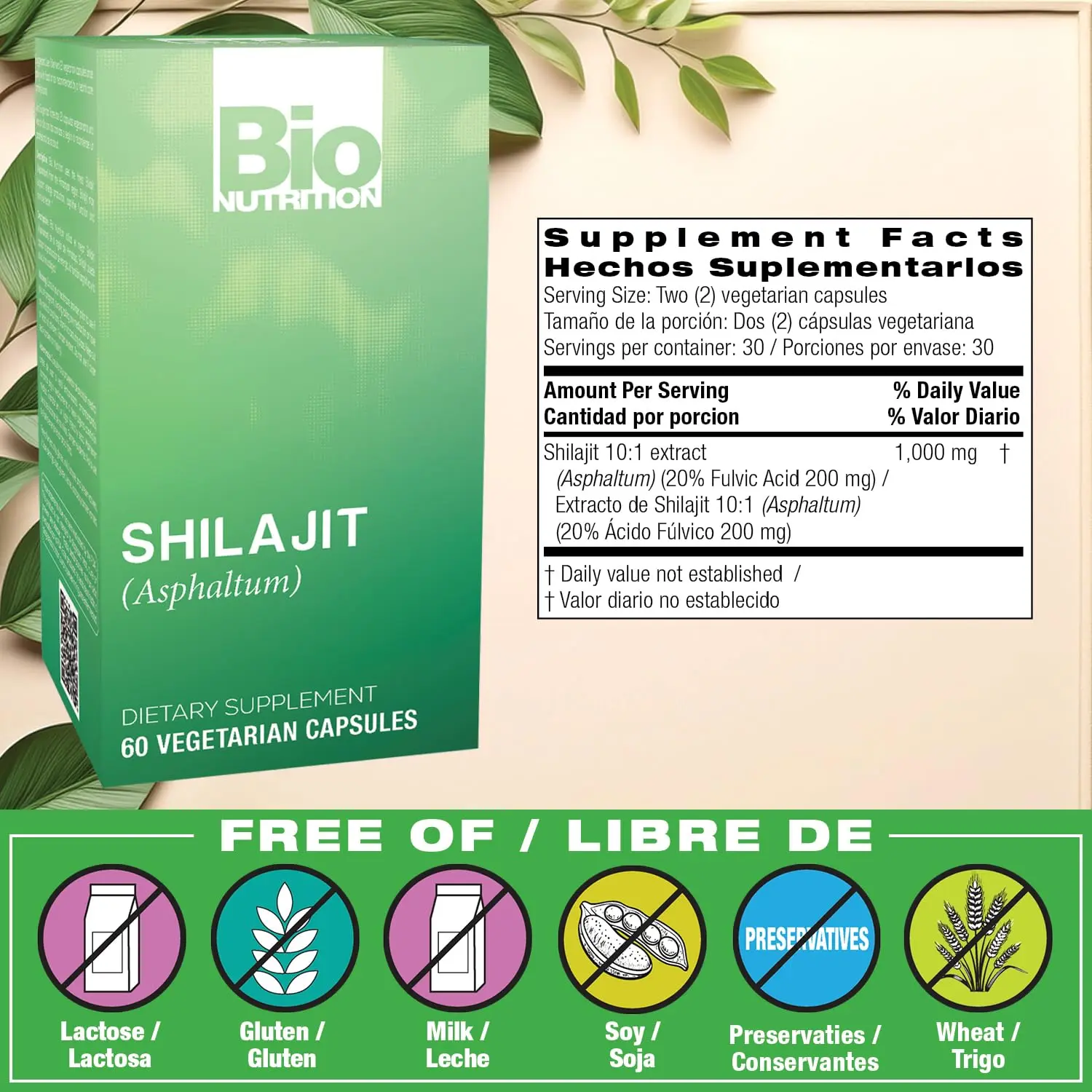 Bottle of Bio Nutrition Shilajit capsules, a two-month supply of Himalayan-sourced supplement to support daily wellness, suitable for vegetarians and free from common allergens.