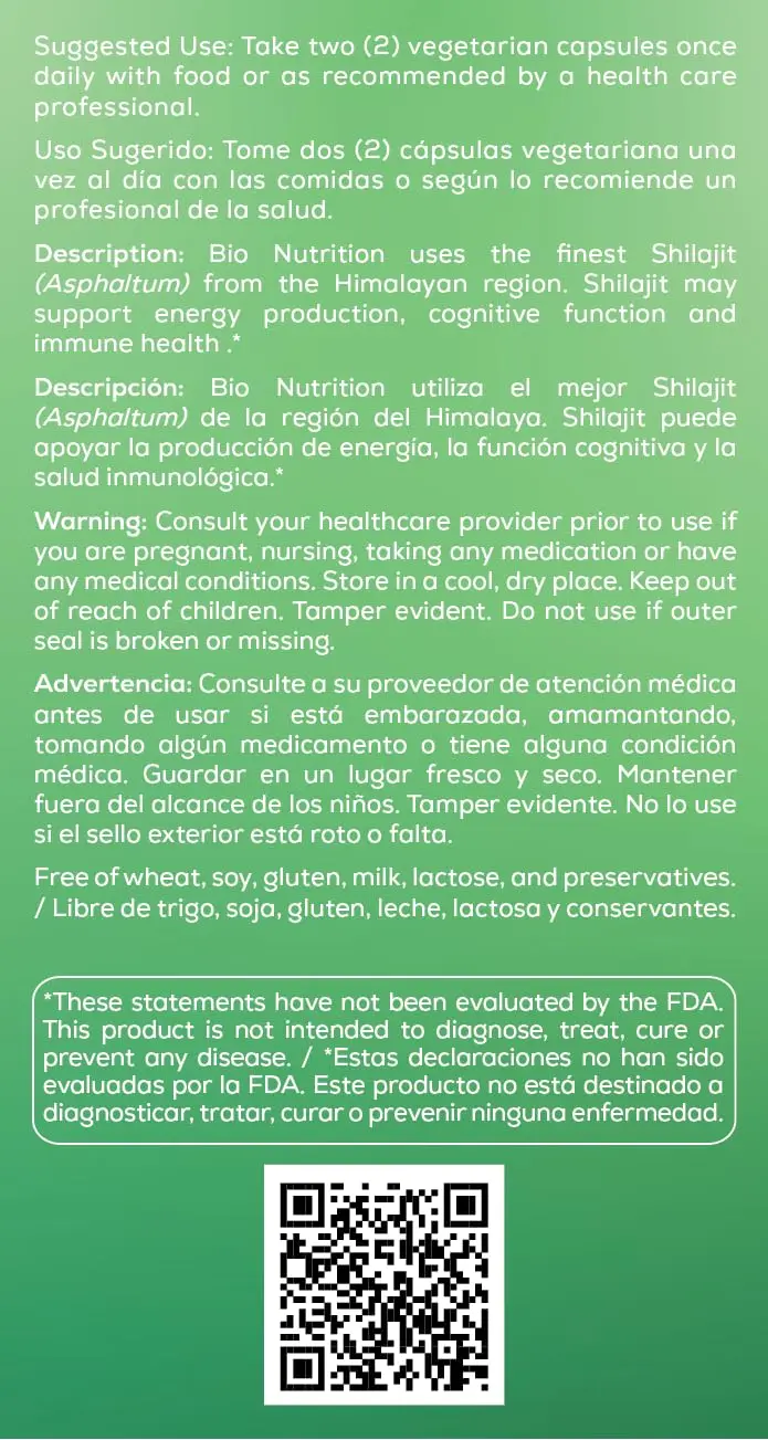 Bottle of Bio Nutrition Shilajit capsules, a two-month supply of Himalayan-sourced supplement to support daily wellness, suitable for vegetarians and free from common allergens.