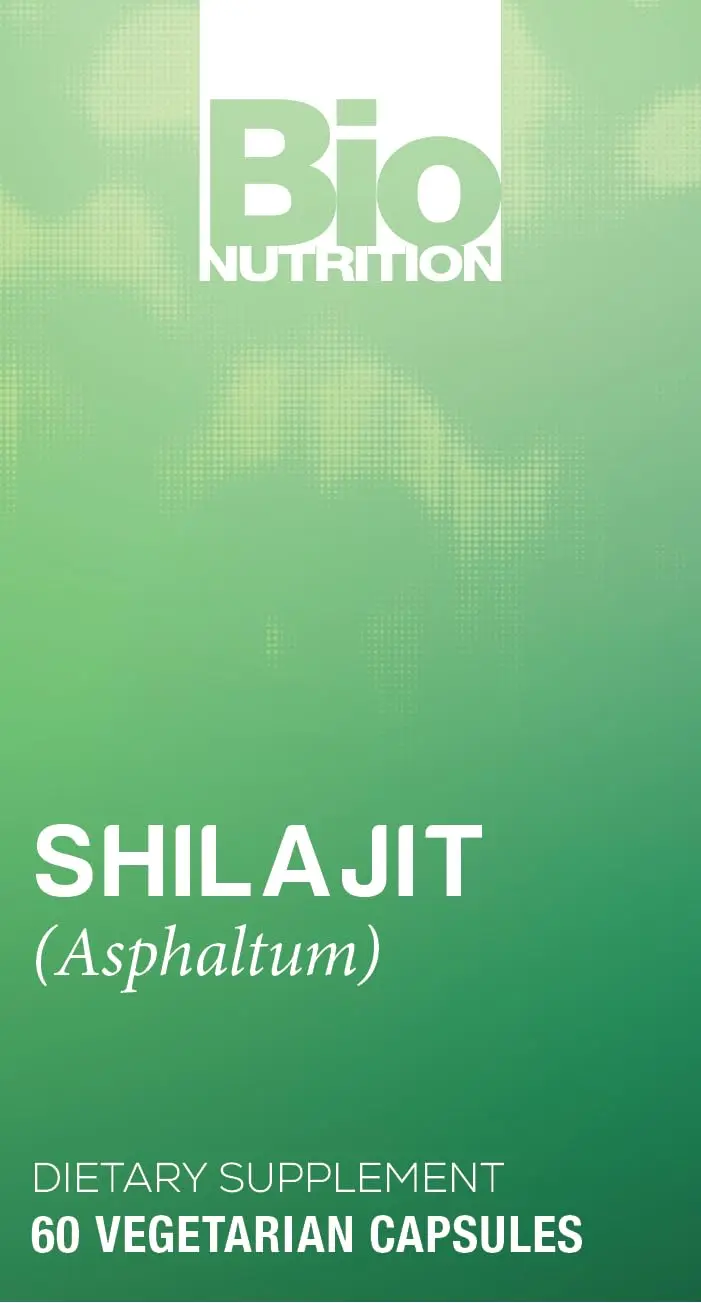 Bottle of Bio Nutrition Shilajit capsules, a two-month supply of Himalayan-sourced supplement to support daily wellness, suitable for vegetarians and free from common allergens.