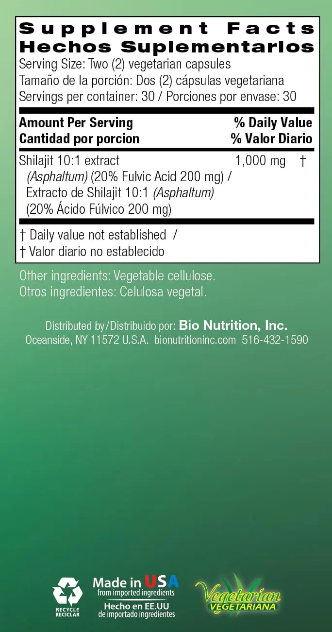 Bottle of Bio Nutrition Shilajit capsules, a two-month supply of Himalayan-sourced supplement to support daily wellness, suitable for vegetarians and free from common allergens.