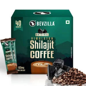 Bevzilla Shilajit coffee powder sachets blended with Arabica beans for natural energy, improved focus, and enhanced stamina, providing 40 cups of nutrient-rich wellness coffee.