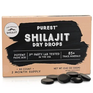 60 count pack of Pure Himalayan Shilajit dry drops, a potent supplement rich in fulvic acid and essential trace minerals to support energy, immunity, and overall well-being for both men and women.