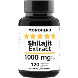 A bottle of MONOHERB Shilajit extract capsules, a vegan supplement that supports physical potential, mental health, and healthy aging.