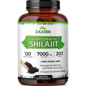 Zazzee Shilajit extract capsules deliver 7000mg of potent, vegan-friendly Himalayan shilajit per serving, standardized to 50% fulvic acid, with 120 capsules per bottle.