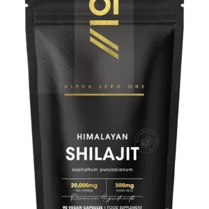 Alpha01 Shilajit extract capsules, providing 6000mg of Himalayan Shilajit resin with 180mg of naturally occurring fulvic acid per serving, are vegan, non-GMO, and come in a resealable pouch.