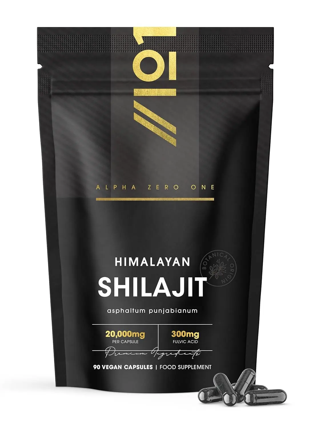Alpha01 Shilajit extract capsules, providing 6000mg of Himalayan Shilajit resin with 180mg of naturally occurring fulvic acid per serving, are vegan, non-GMO, and come in a resealable pouch.