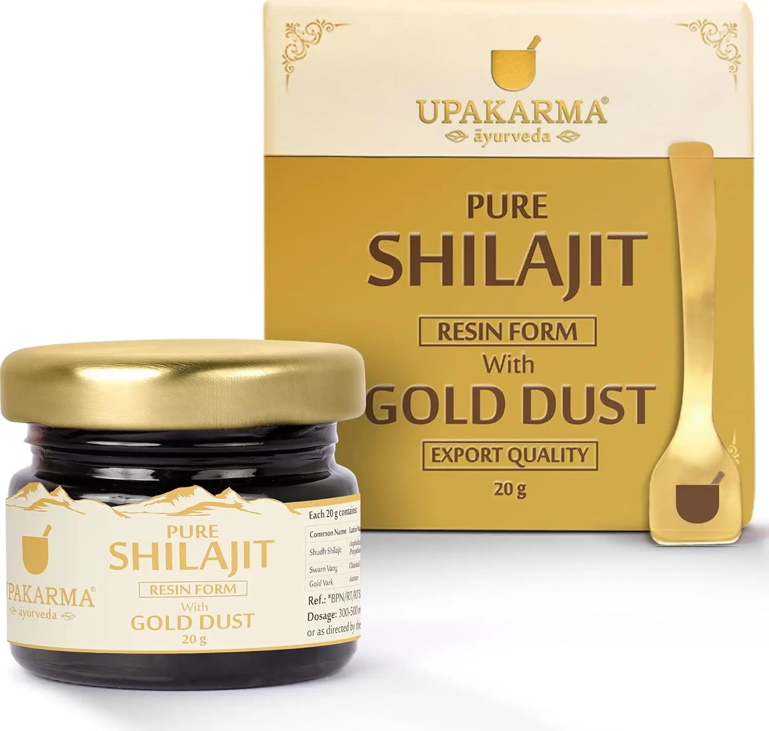 Upakarma Ayurveda Shilajit Gold Resin with gold dust promotes immunity, energy, strength, stamina, and overall health.