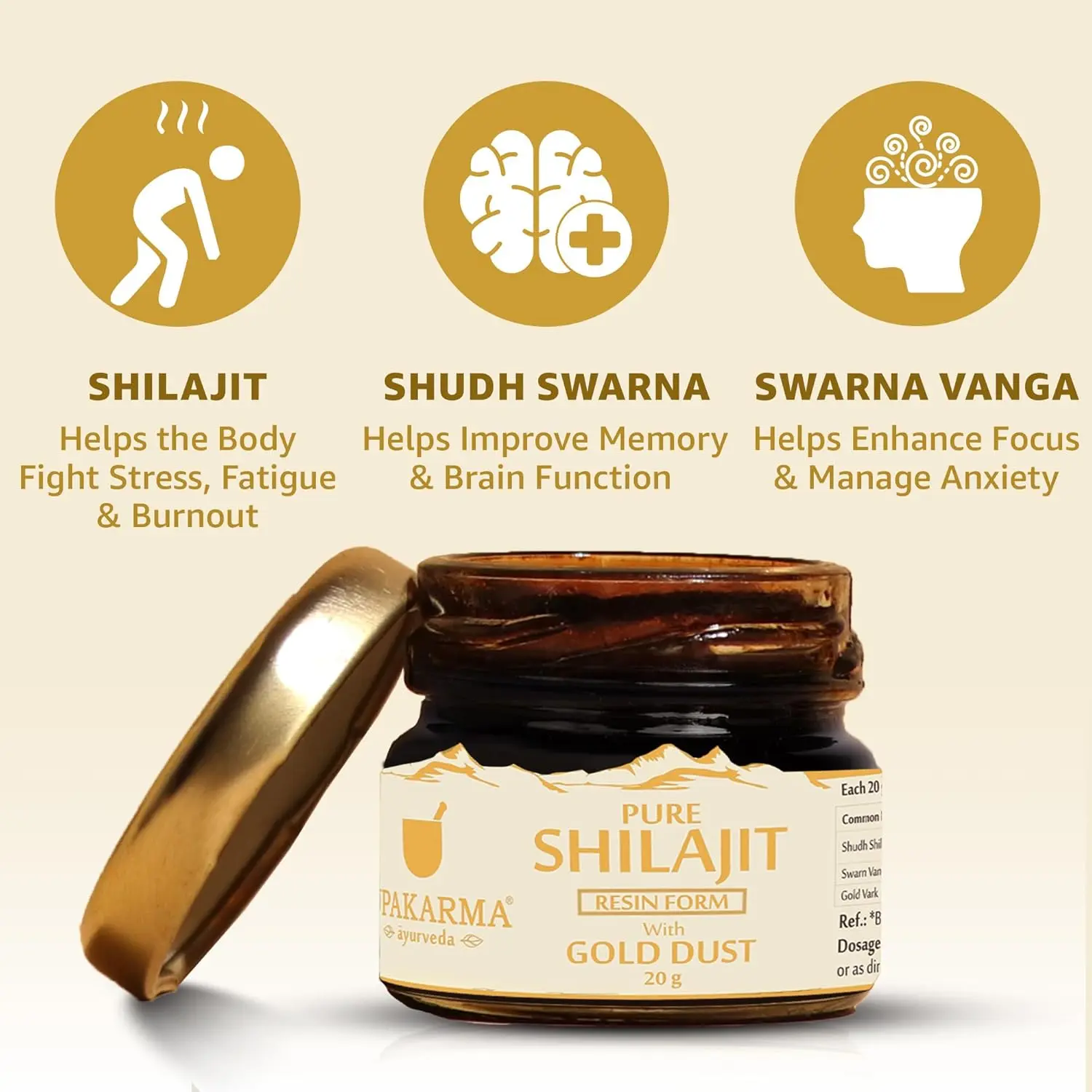 Upakarma Ayurveda Shilajit Gold Resin with gold dust promotes immunity, energy, strength, stamina, and overall health.