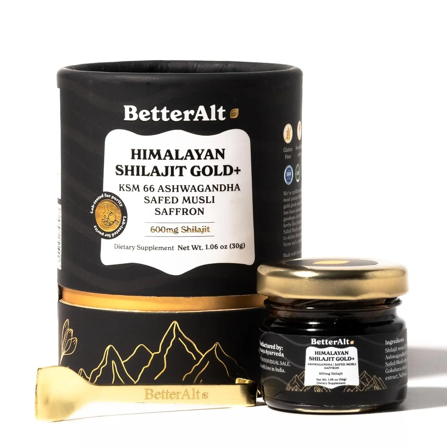Better Alt Pure Himalayan Shilajit Gold+ enhances workout performance, muscle recovery, and strength with Ashwagandha, Safed Musli, and Gokshura; it is vegan, cruelty-free and lab tested.