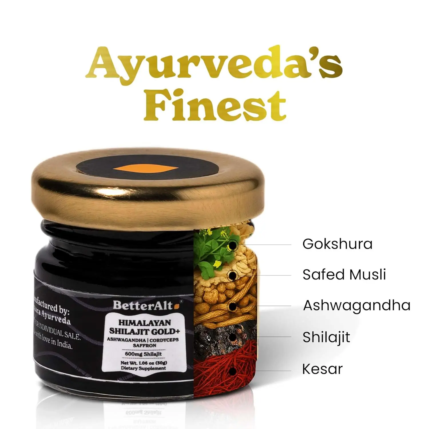 Better Alt Pure Himalayan Shilajit Gold+ enhances workout performance, muscle recovery, and strength with Ashwagandha, Safed Musli, and Gokshura; it is vegan, cruelty-free and lab tested.