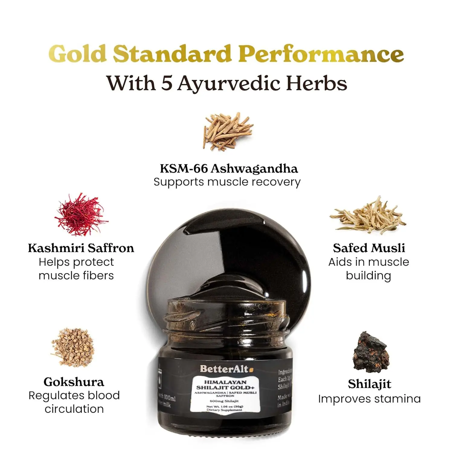 Better Alt Pure Himalayan Shilajit Gold+ enhances workout performance, muscle recovery, and strength with Ashwagandha, Safed Musli, and Gokshura; it is vegan, cruelty-free and lab tested.