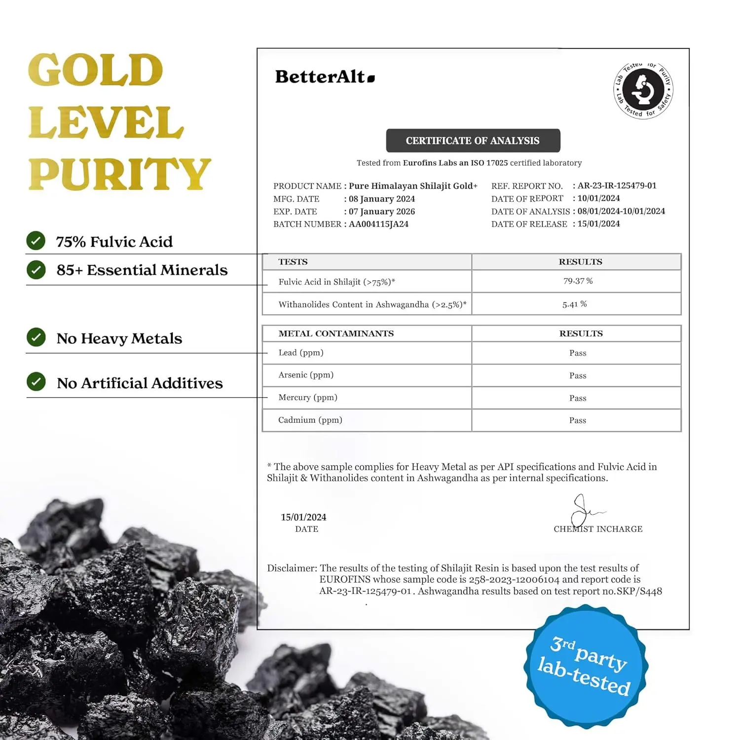 Better Alt Pure Himalayan Shilajit Gold+ enhances workout performance, muscle recovery, and strength with Ashwagandha, Safed Musli, and Gokshura; it is vegan, cruelty-free and lab tested.