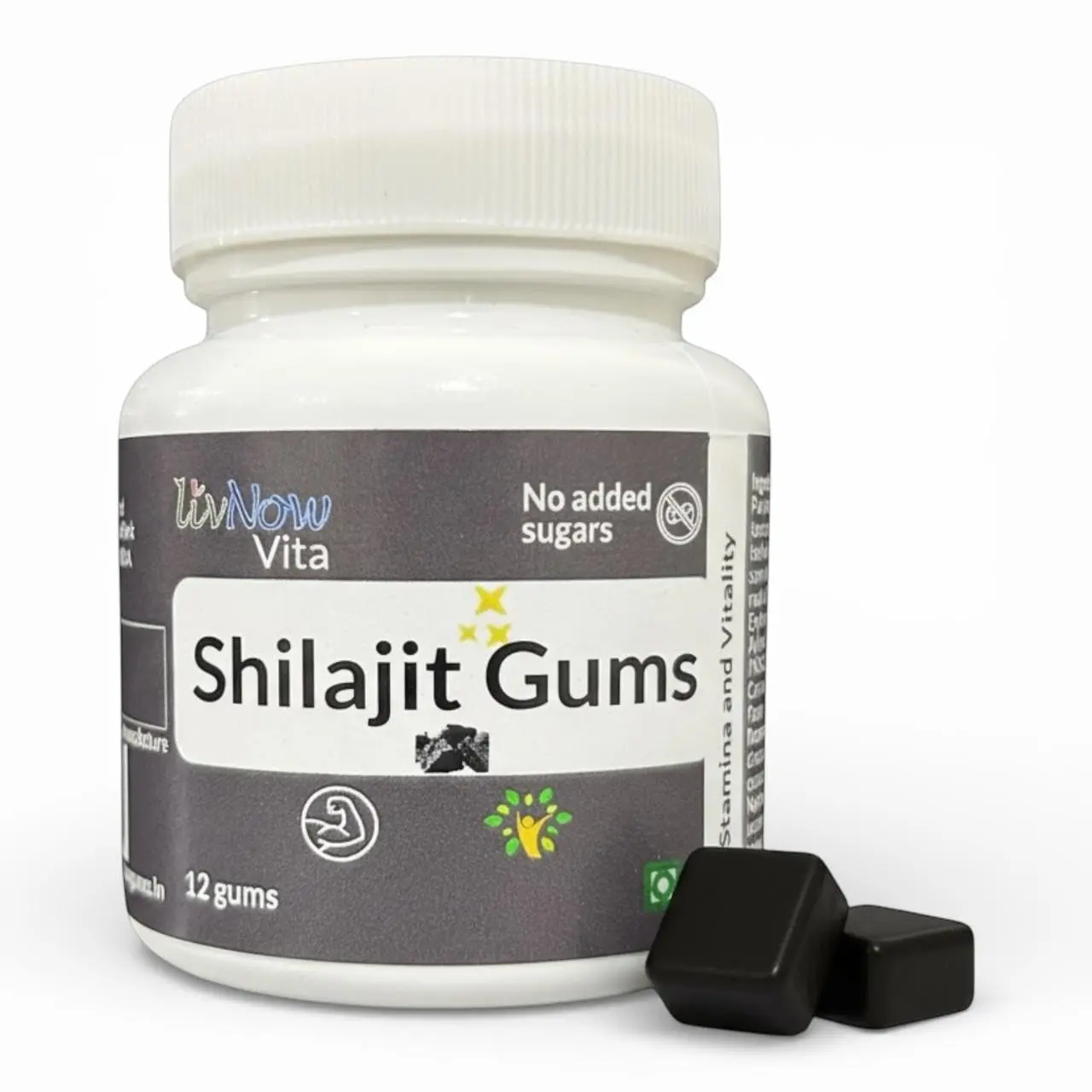 livNow Vita shilajit chewing gum with Gokshura, Safed Musli, and Ashwagandha supports stamina, energy, and vitality in a sugar-free, vegan formula.