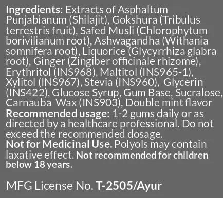 livNow Vita shilajit chewing gum with Gokshura, Safed Musli, and Ashwagandha supports stamina, energy, and vitality in a sugar-free, vegan formula.