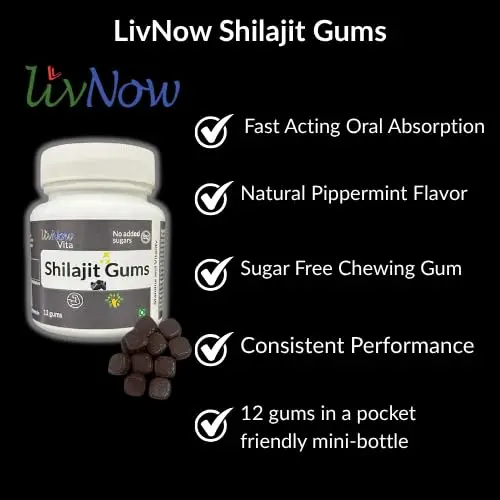 livNow Vita shilajit chewing gum with Gokshura, Safed Musli, and Ashwagandha supports stamina, energy, and vitality in a sugar-free, vegan formula.