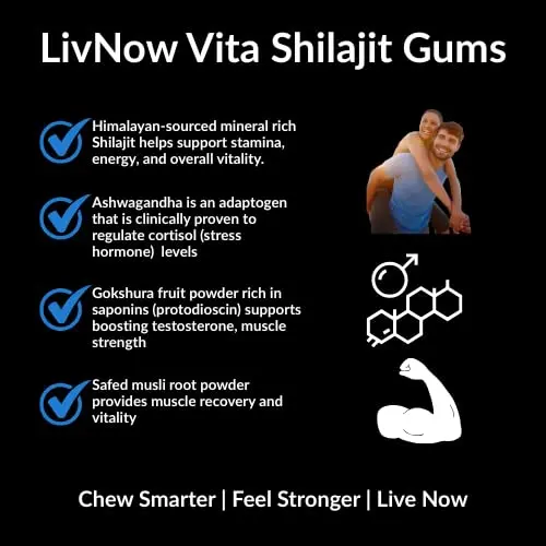 livNow Vita shilajit chewing gum with Gokshura, Safed Musli, and Ashwagandha supports stamina, energy, and vitality in a sugar-free, vegan formula.
