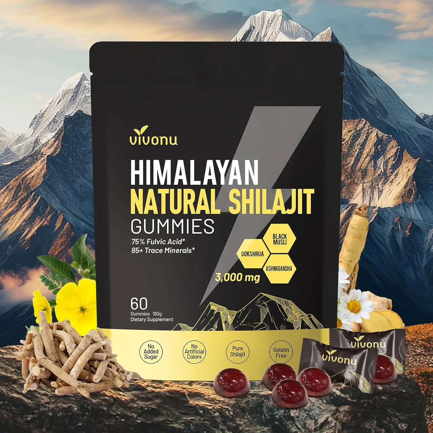 A close-up of shilajit gummies showcasing their natural ingredients for energy and overall wellness support.