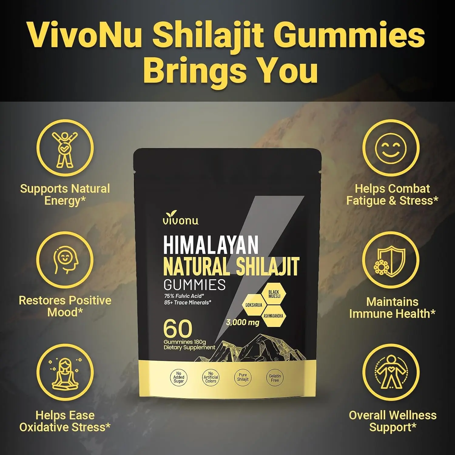 A close-up of shilajit gummies showcasing their natural ingredients for energy and overall wellness support.