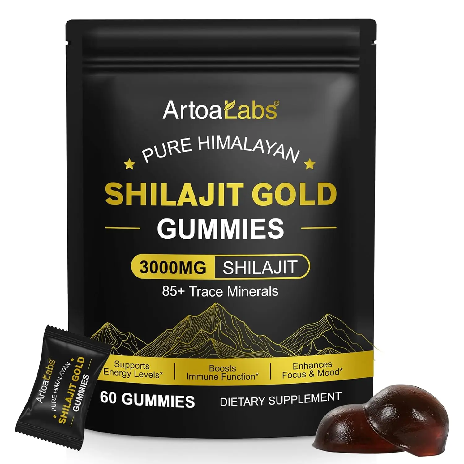Bottle of Shilajit gummies containing 3000mg of shilajit and 60 gummies.