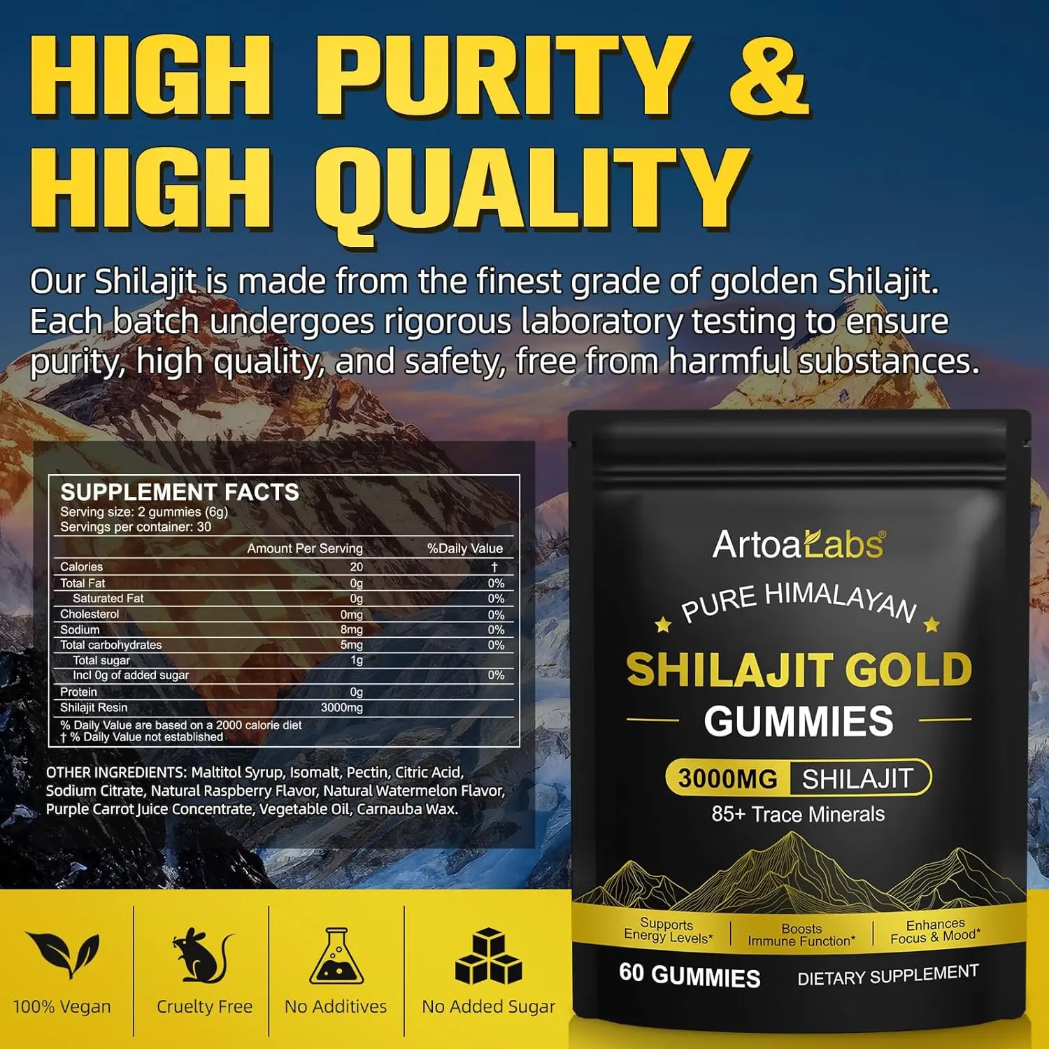 Bottle of Shilajit gummies containing 3000mg of shilajit and 60 gummies.
