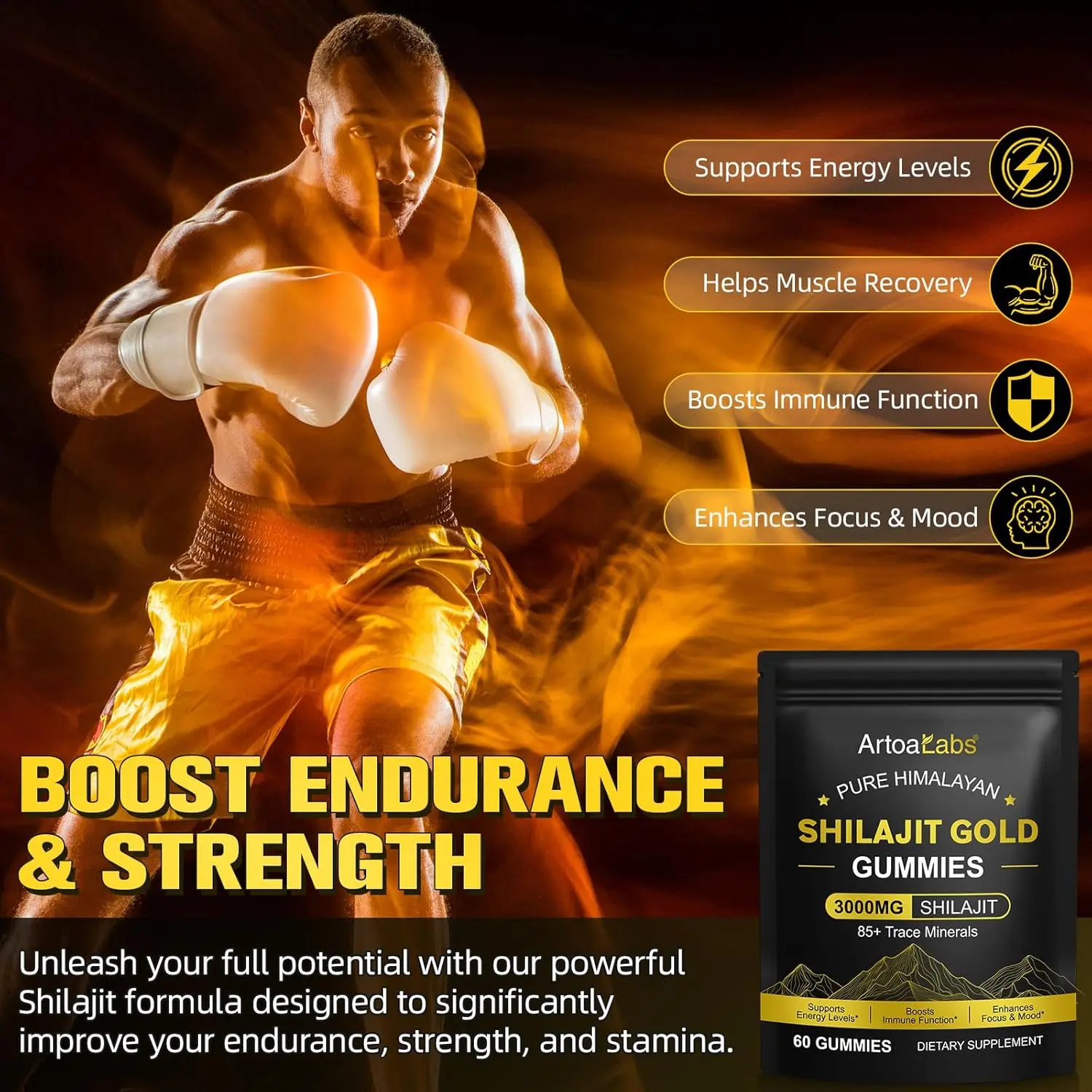 Bottle of Shilajit gummies containing 3000mg of shilajit and 60 gummies.