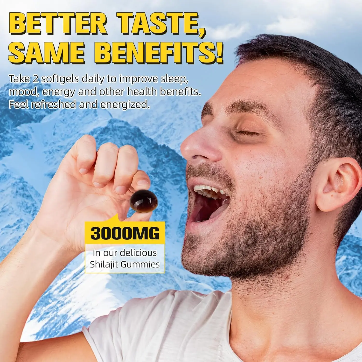 Bottle of Shilajit gummies containing 3000mg of shilajit and 60 gummies.