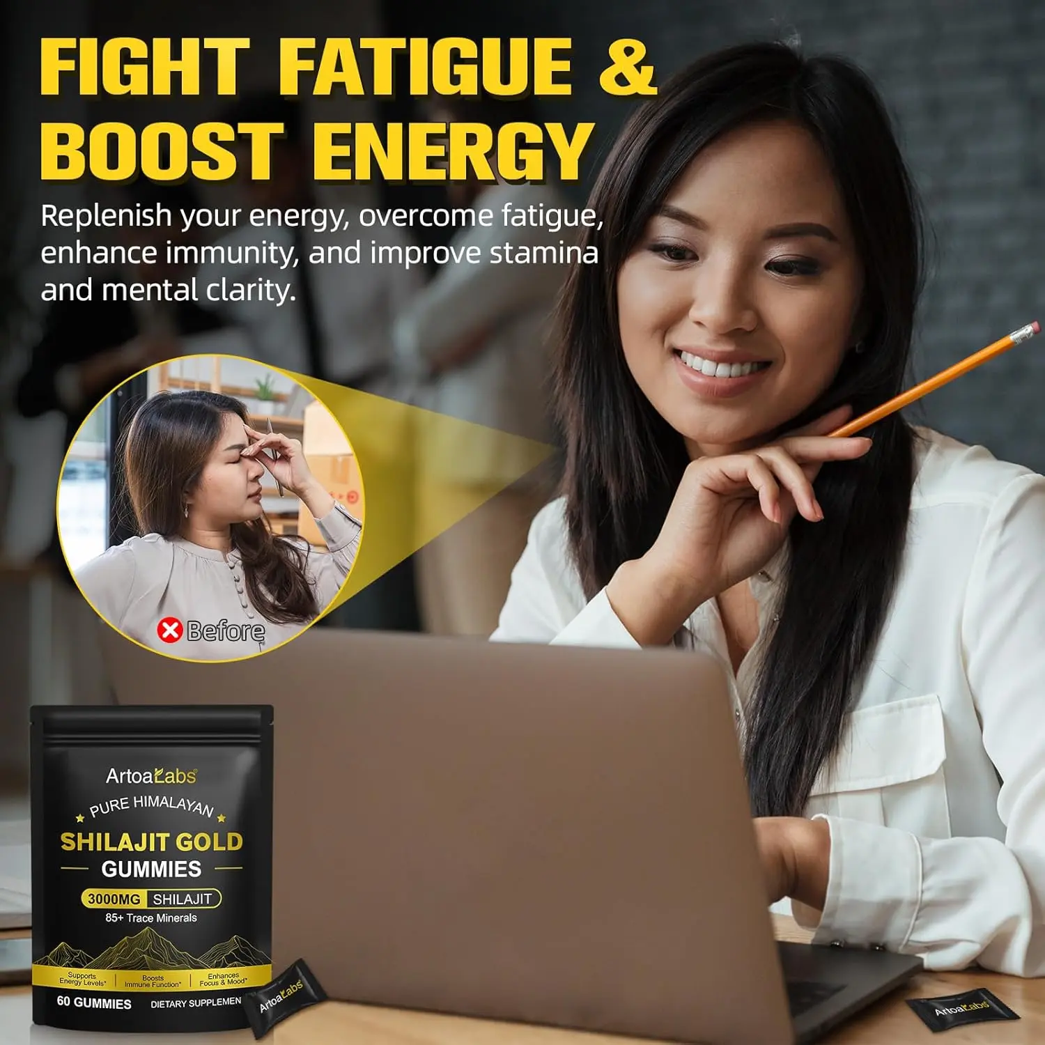 Bottle of Shilajit gummies containing 3000mg of shilajit and 60 gummies.