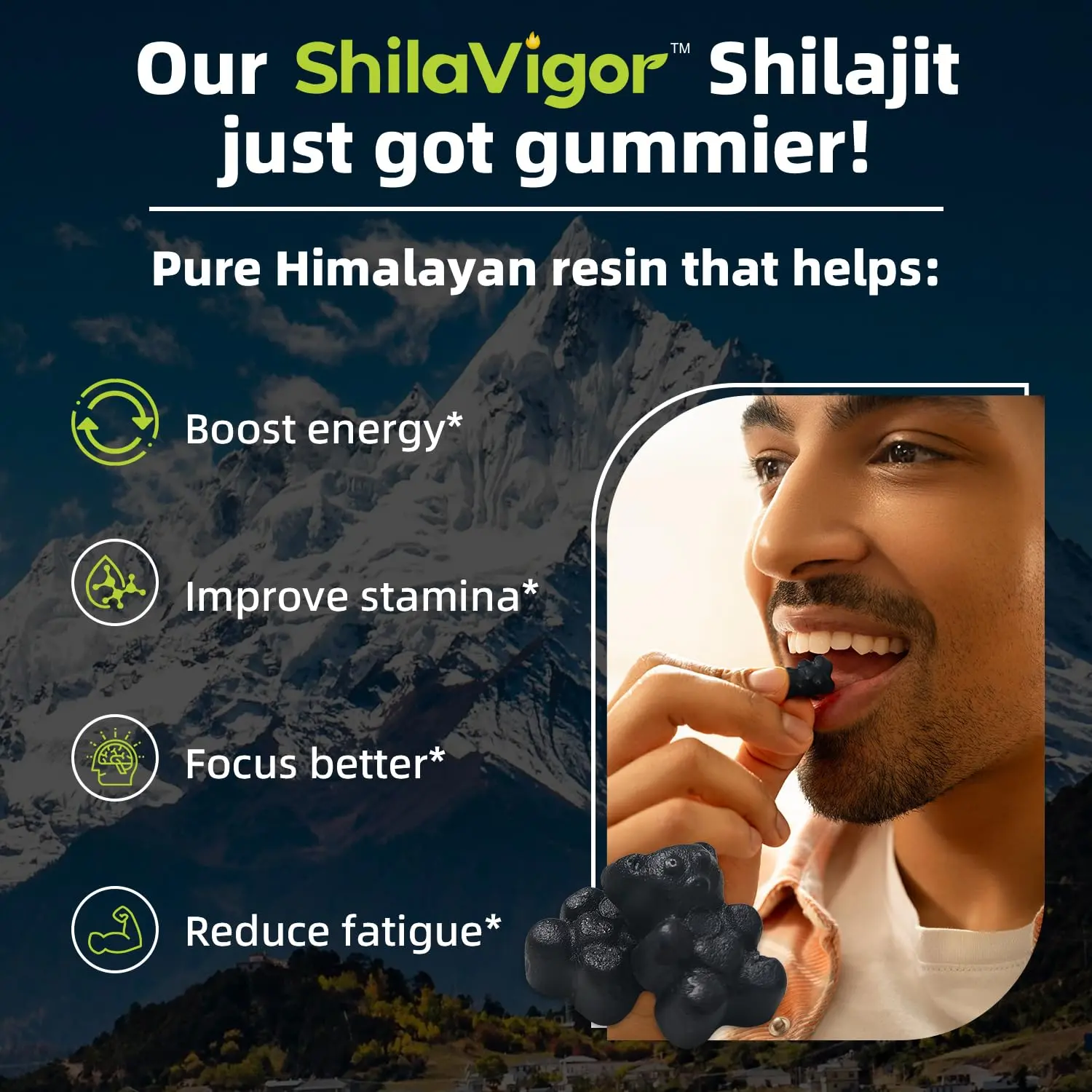 Bottle of 90 shilajit gummies, a convenient and enjoyable way to incorporate shilajit into your daily routine with no preparation needed.