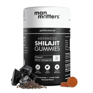 Man Matters Shilajit gummies combine pure Himalayan Shilajit with KSM-66 Ashwagandha and Gokshura to support energy and vitality, with 400mg of Shilajit extract standardized to 75%+ Fulvic Acid per serving.