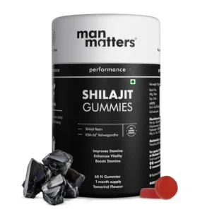 Man Matters Shilajit gummies with 75% fulvic acid and KSM-66 Ashwagandha to boost stamina, strength, and energy, lab tested and sugar-free in a pack of 60.