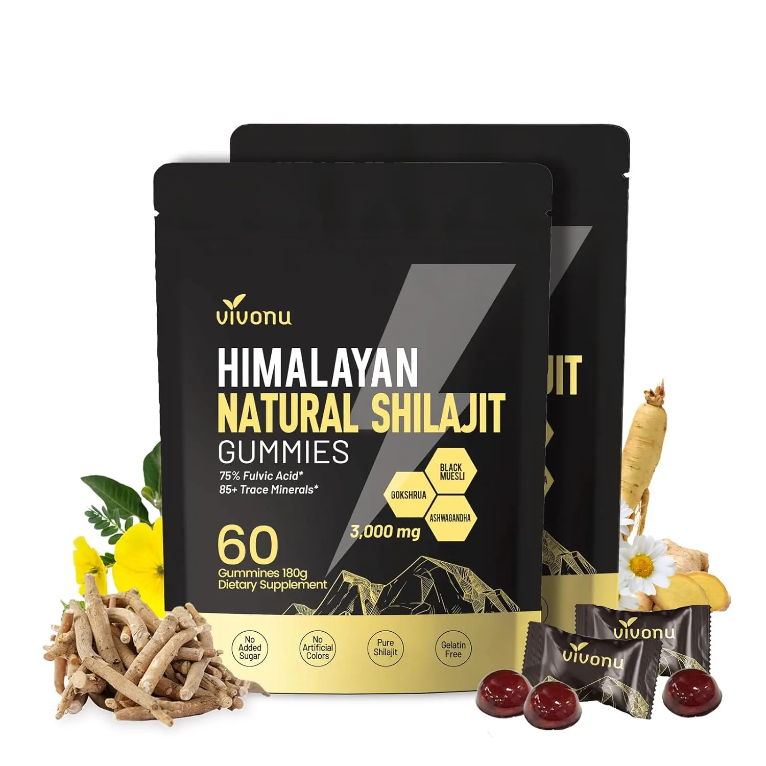 VivoNu Shilajit gummies made with gold grade organic shilajit from the Himalayas support energy, muscle recovery, and overall vitality.