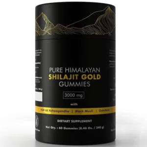 A jar of sixty Himalayan Pure Shilajit gummies with 3000mg potency.