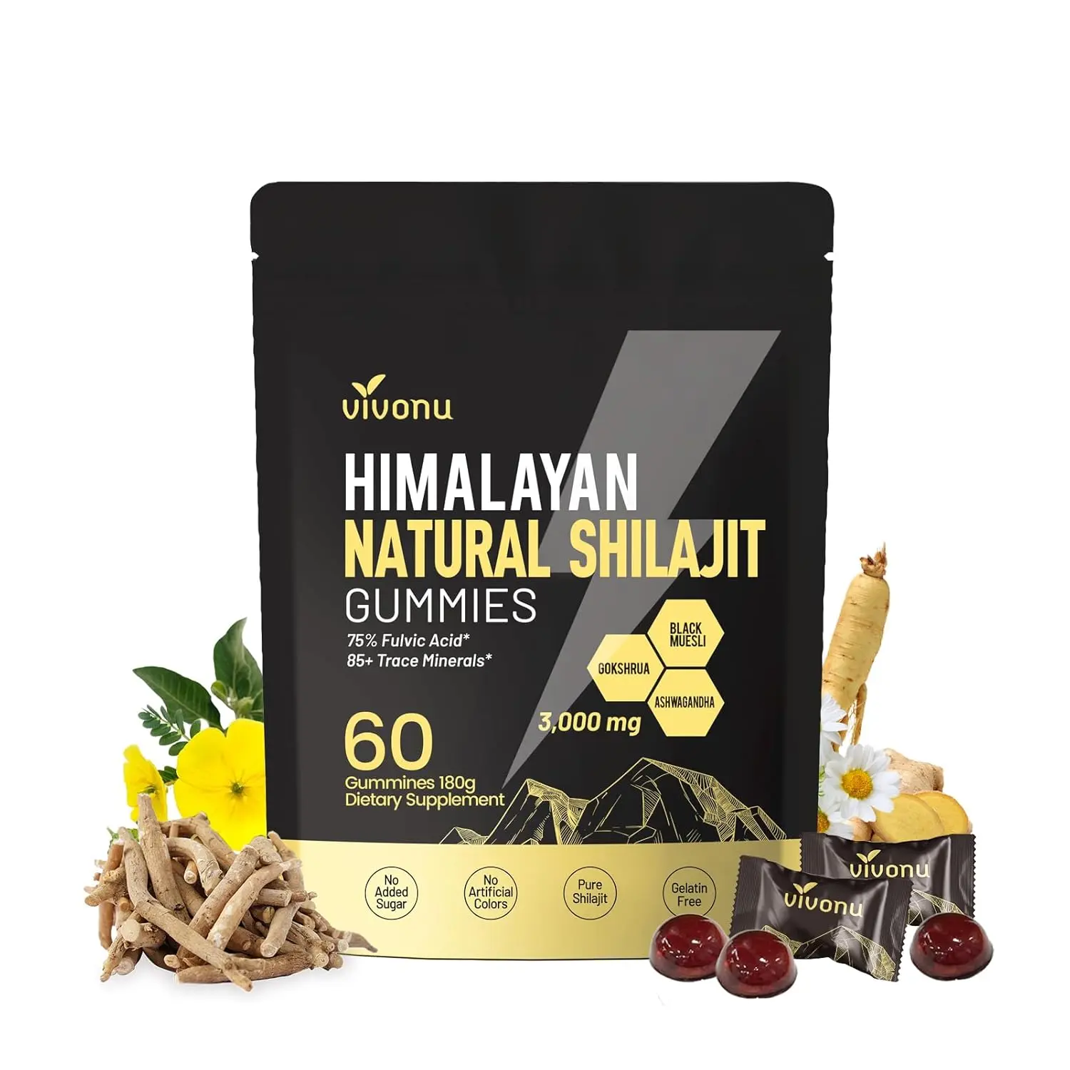 VivoNu Shilajit gummies made with gold grade organic shilajit from the Himalayas support energy, muscle recovery, and overall vitality.