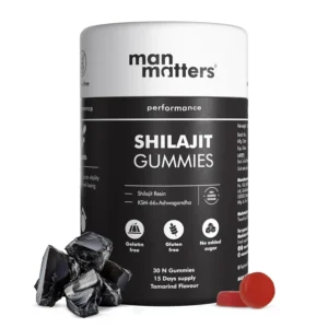 Man Matters Shilajit gummies with ashwagandha for men to boost stamina, strength, and energy, are lab tested and have no added sugar.