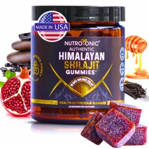 NutroTonic organic shilajit gummies with pomegranate flavor, sweetened with manuka honey, supporting heart, brain, and cell health with a clean, vegan formula.