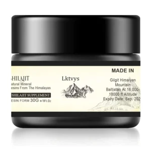 Dark glass jar of pure Shilajit Himalayan organic resin supplement, enriched with over 85 essential micronutrients, offering energy and immune vitality.