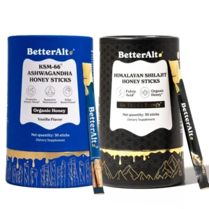 Two packs of BetterAlt Shilajit Honey Sticks containing pure Himalayan shilajit, organic multiflora honey, and saffron for energy, immunity, and overall wellness.