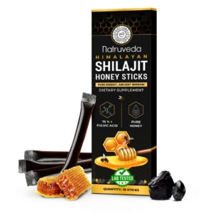 Ten single-serve Natruveda shilajit honey sticks, each containing raw honey, saffron, and Himalayan shilajit for energy, are displayed in minimalist, clean packaging.