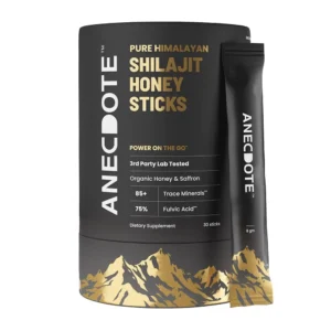 Anecdote Shilajit honey sticks with organic honey and saffron provide a natural energy boost, support immunity, and improve mental focus with 75% fulvic acid and 85+ trace minerals.