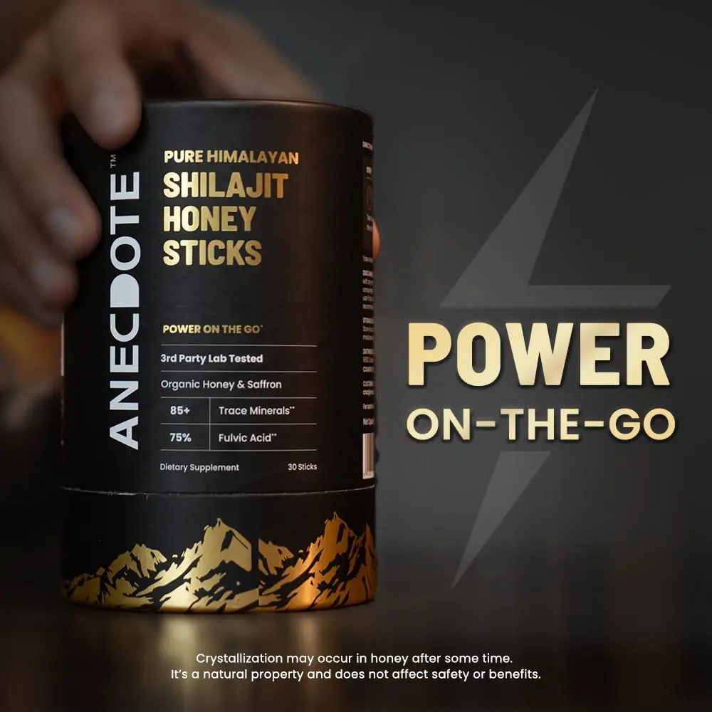 Anecdote Shilajit honey sticks with organic honey and saffron provide a natural energy boost, support immunity, and improve mental focus with 75% fulvic acid and 85+ trace minerals.
