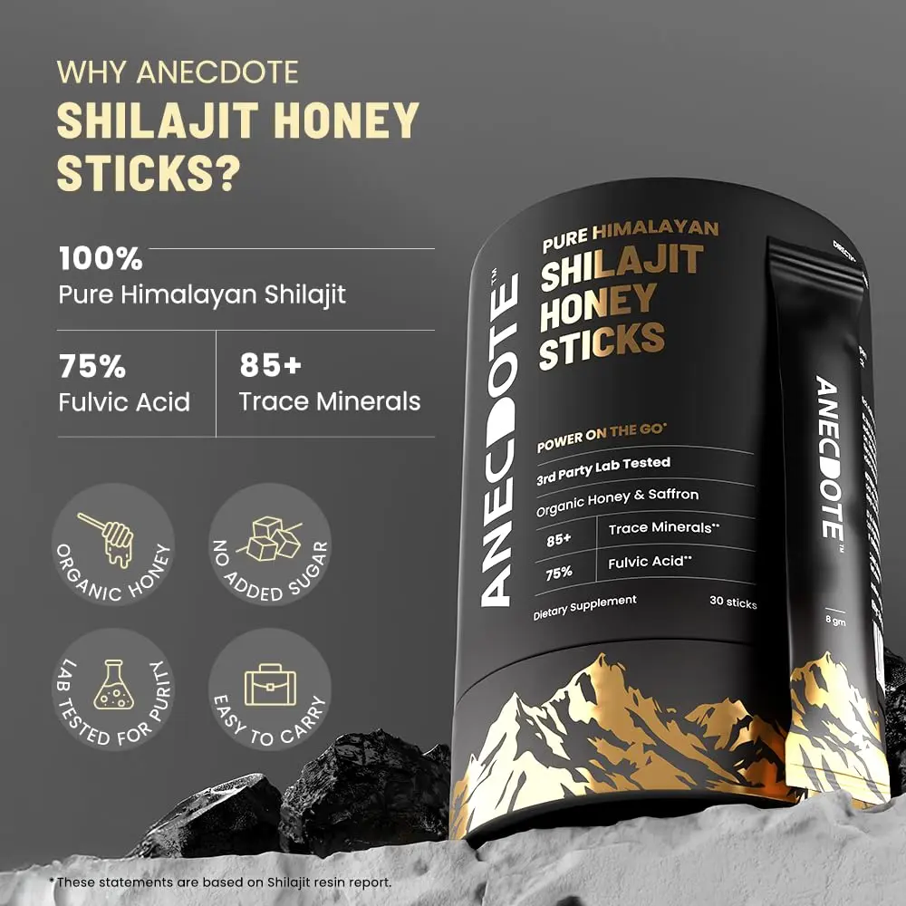 Anecdote Shilajit honey sticks with organic honey and saffron provide a natural energy boost, support immunity, and improve mental focus with 75% fulvic acid and 85+ trace minerals.